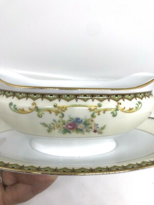 Noritaki Morimura Gravy Bowl White with Floral Design Green Geometric Border
