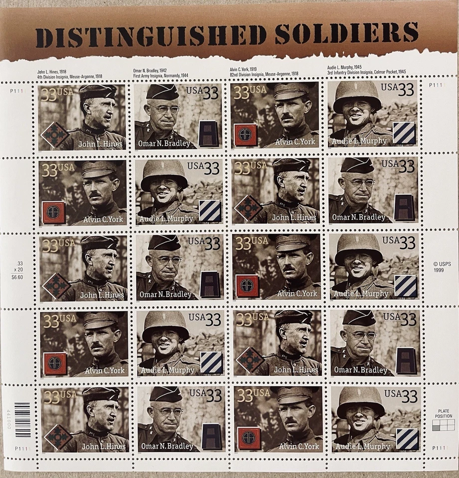 DISTINGUISHED SOLDIERS MNH SHEET OF 20 STAMPS SCOTT #3393-96, MNH FREE SHIP 33 C - Image 4 of 4