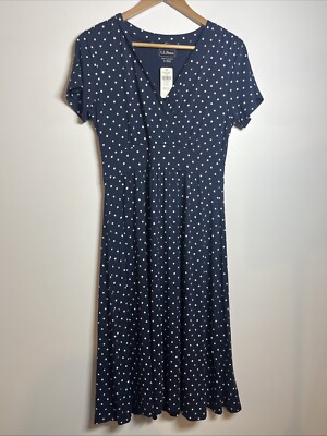 L.L. Bean Size Small Polka Dot Short Sleeve Summer Knit Dress Navy Blue