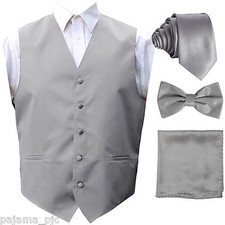Silver Gray Solid Vest Waistcoat, Tie And Bow Tie  Hanky Suit or Tuxedo Formal