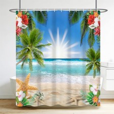 Tropical Beach Shower Curtain Summer Ocean Sandy Beach with Starfish Palm Tre...