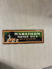 Vintage MARATHON GASOLINE long run Motor oil Porcelain Enamel Sign Gas Station