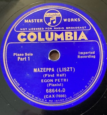 Egon Petri on 78 rpm Columbia 68644-D: LISZT Mazeppa (2 parts); E cond