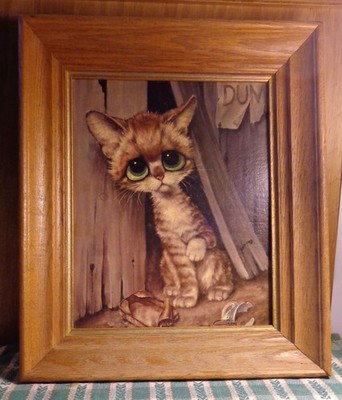 Vintage Wood Framed 1960 s Gig Big Eye Pity Kitty Cat Winde Fine Prints 8 x 10''