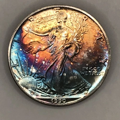 1990 BRILLIANT RAINBOW TONING American Silver Eagle GEM UNC PRISTINE A+++ COIN