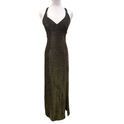 Vintage Coty Gold Sheen Black Maxi Dress Large Glam Disco Formal 90s Hollywood