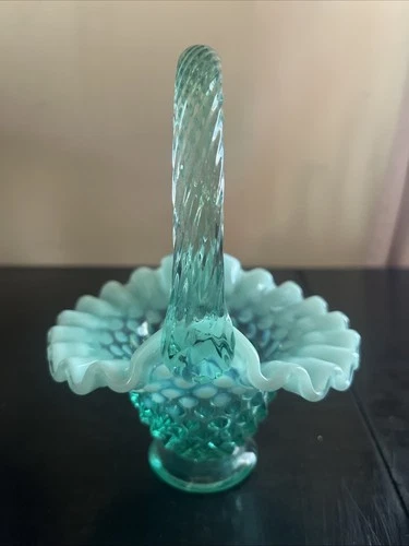 Fenton Blue Opalescent Hobnail Basket Small