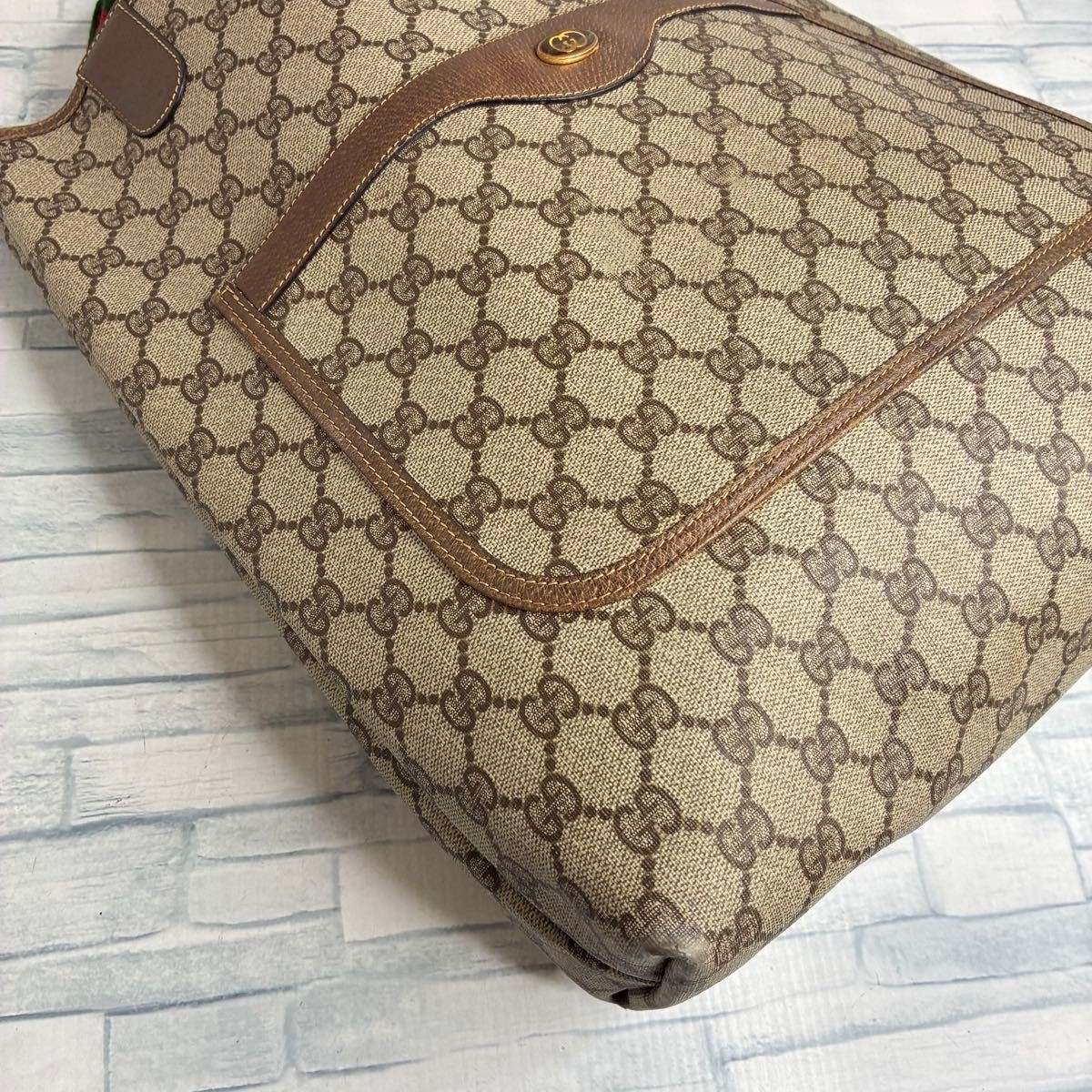 GUCCI GG Tote Bag Beige PVC Green Red Web Vintage Style Japan F/S USED thumbnail 23