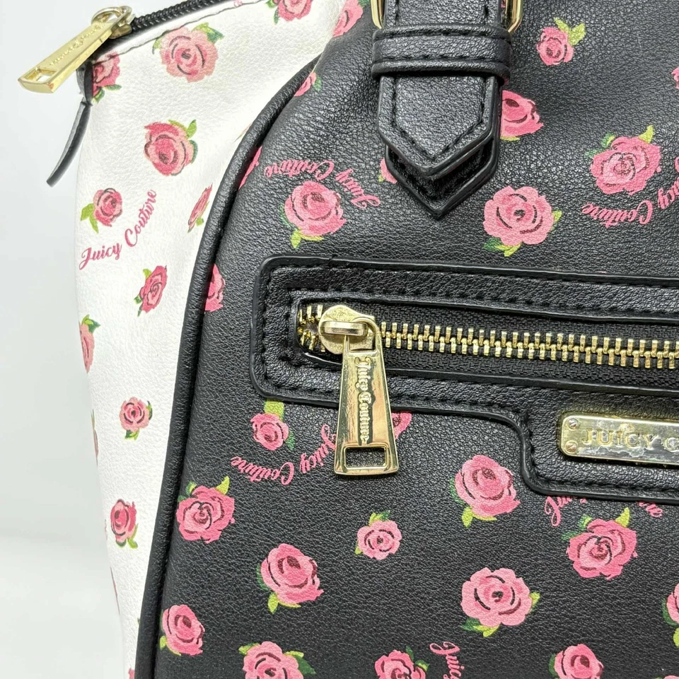 Bolsa satchel feminina Juicy Couture alça superior preta branca rosa rosas média - Imagem 3 de 4
