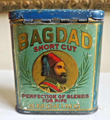 Antique 1910s Bagdad Short Cut Pipe Smoking Tobacco Vertical Pocket Tin Vtg