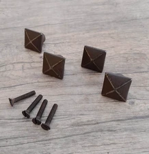 4pc Vtg cast iron square pyramid shape cabinet drawer door knobs screen handle
