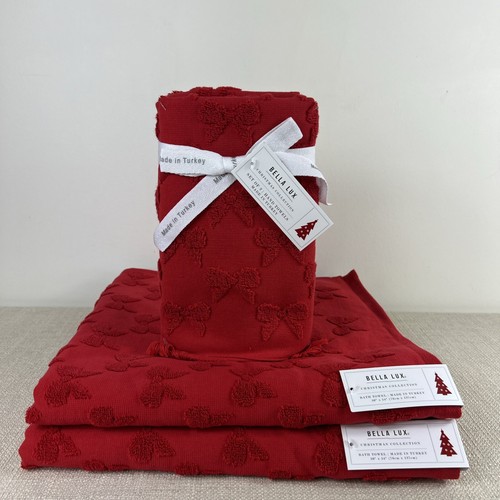 Bella Lux Bathroom Towel Set Red Bows Cotton Made in Turkey Set of 4 NEW