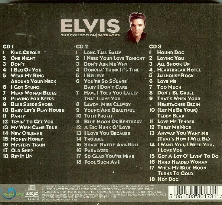 ELVIS PRESLEY - THE COLLECTION - 3 CD SET - 54 SONGS - VERY CLEAN
