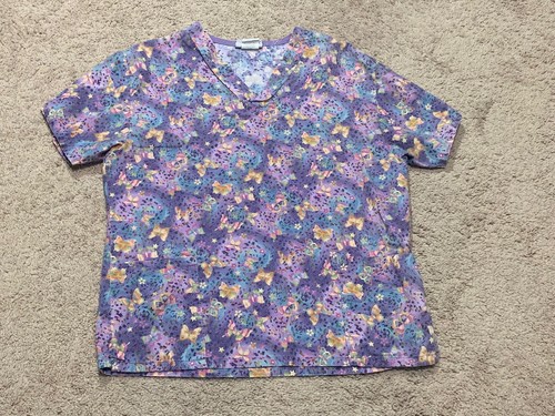 White Swan Womens Scrub Top Purple Butterfly Print Size Small Deep Pockets