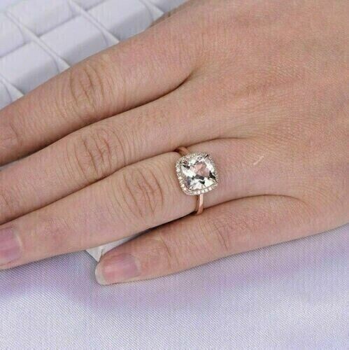 1 3/4 Ct Morganite & Diamond Halo Ring – 14K Rose Gold Cushion Setting