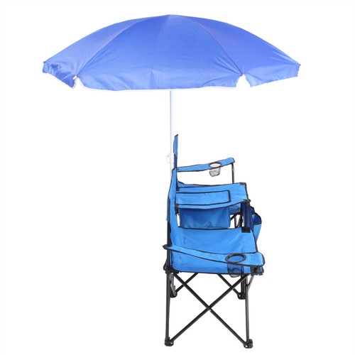 Sedia da Campeggio Pieghevole Portatile da Esterno 2 Posti con Ombrellone Estraibile Blu - Foto 11 di 12