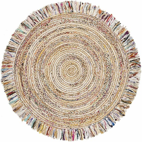Rug Cotton & Jute Round Reversible Handmade Carpet Living Modern Area Tassel Rug - Picture 2 of 6