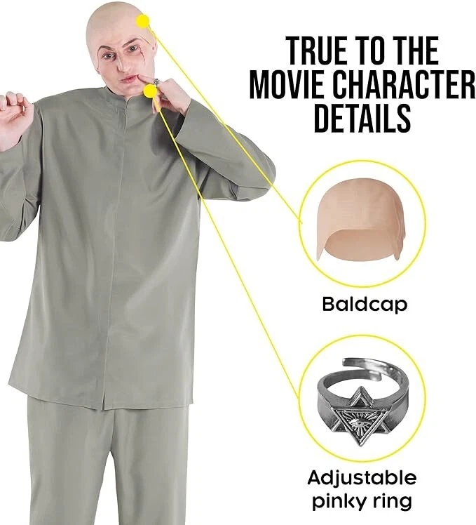Disfraz de Doctor Malvado Para Hombres Poderes Película Años 60 Villano Traje Gris + Gorra Calva Halloween Foto 4 de 4