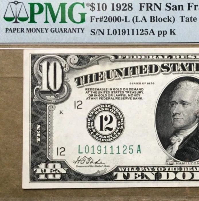 1928 $10 FRN   SAN FRANCISCO   PMG 58 EPQ   NUMERIC 12 SEAL Ser# L 01911125 A - Image 3 of 3