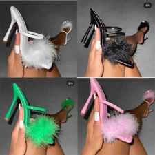 Women's Feather High Heels Slippers Sandals Square Toe Mules Pumps Summer Shoes