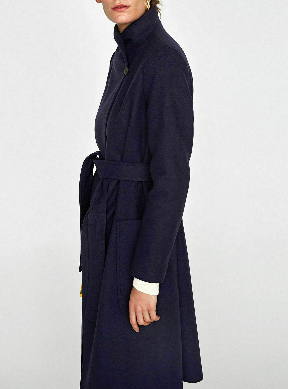 ZARA LONG COAT WOOL BLEND NAVY COAT JACKET HIGH NECK COLLAR BELT SIZE S NEW image 8