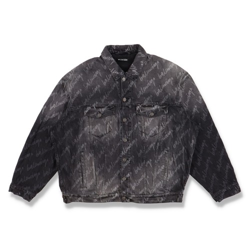 Balenciaga Black All Over Signature Logo Denim Jacket | Size 1 (S) Oversized