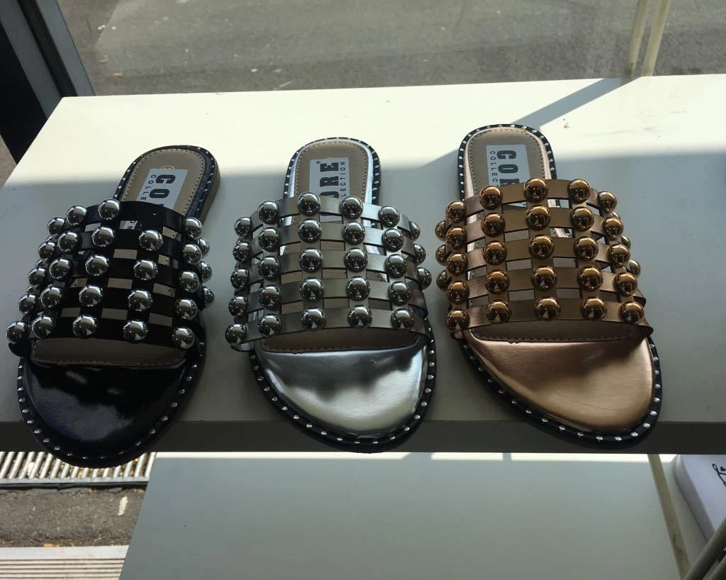 Womens Ladies Studded Slider Flat Summer Sandals Cage Slides Bling