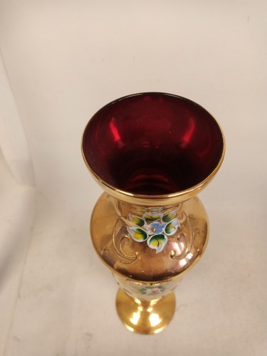 Antique Bohemian Red Glass Gold & Enamel Decorated Vase 27CM - Picture 15 of 16