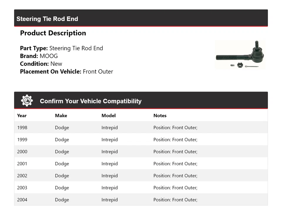 Extremo de barra de dirección exterior delantero MOOG 1998-2004 Dodge Intrepid 1998 1999 Foto 2 de 4