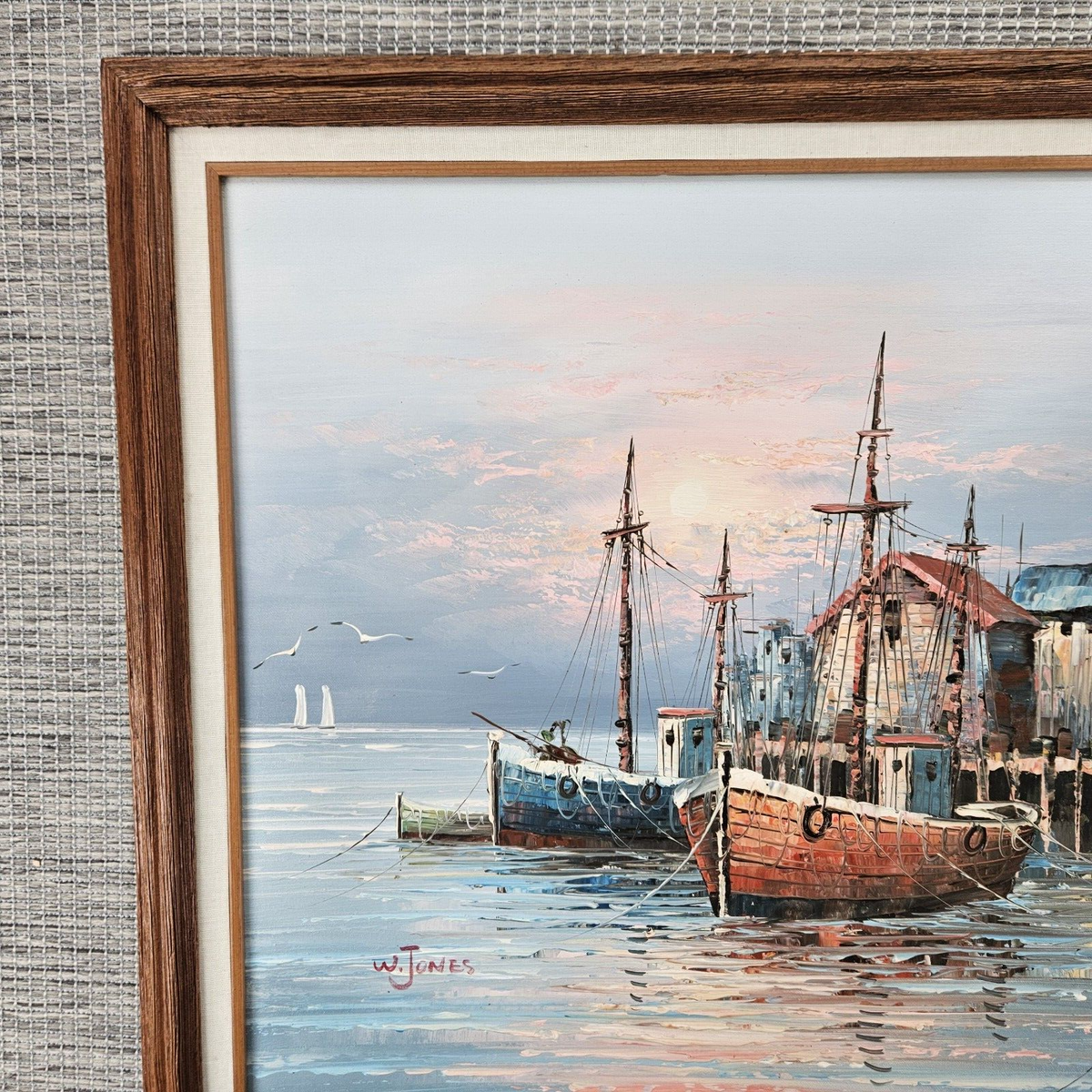 Vintage Oil On Canvas Ship Harbor Painting By W. Jones Framed