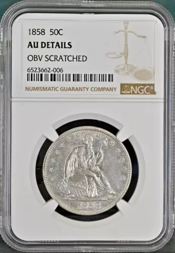 1858 Seated Liberty Half Dollar NGC AU Details Obverse Scratched