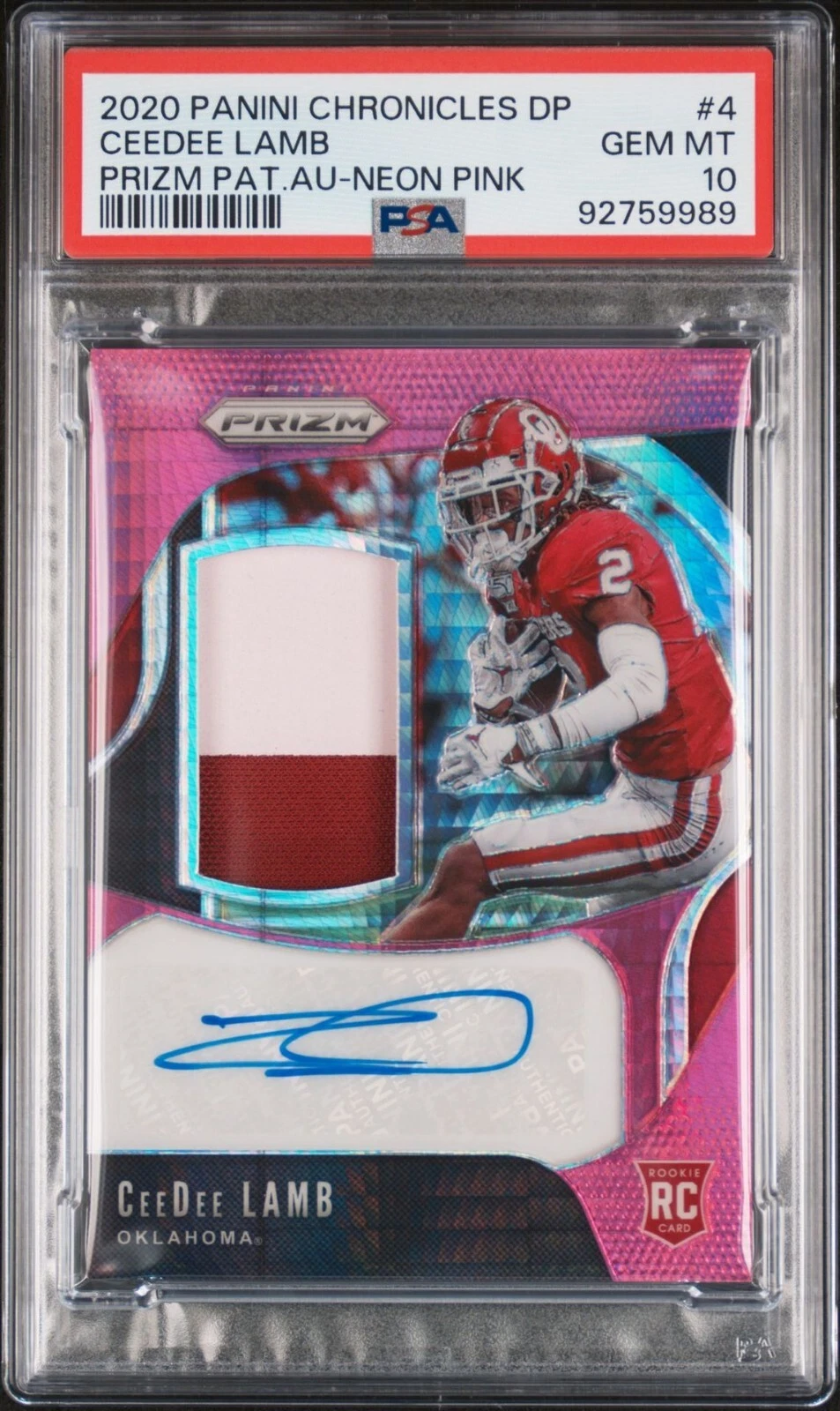CeeDee Lamb Panini Chronicles Draft Picks Prizm Patch Autographs #4 Neon Pink