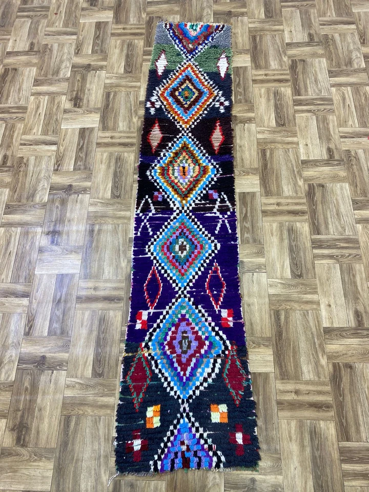 Moroccan Rug Vintage Area Handmade Carpet Tribal Runner Boucherouite 9.5'X2'ft - Image 2 of 4