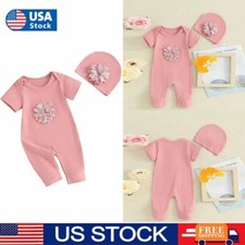 2Pcs Newborn Infant Baby Girl Floral Clothes Jumpsuit Romper Bodysuit Hat Outfit
