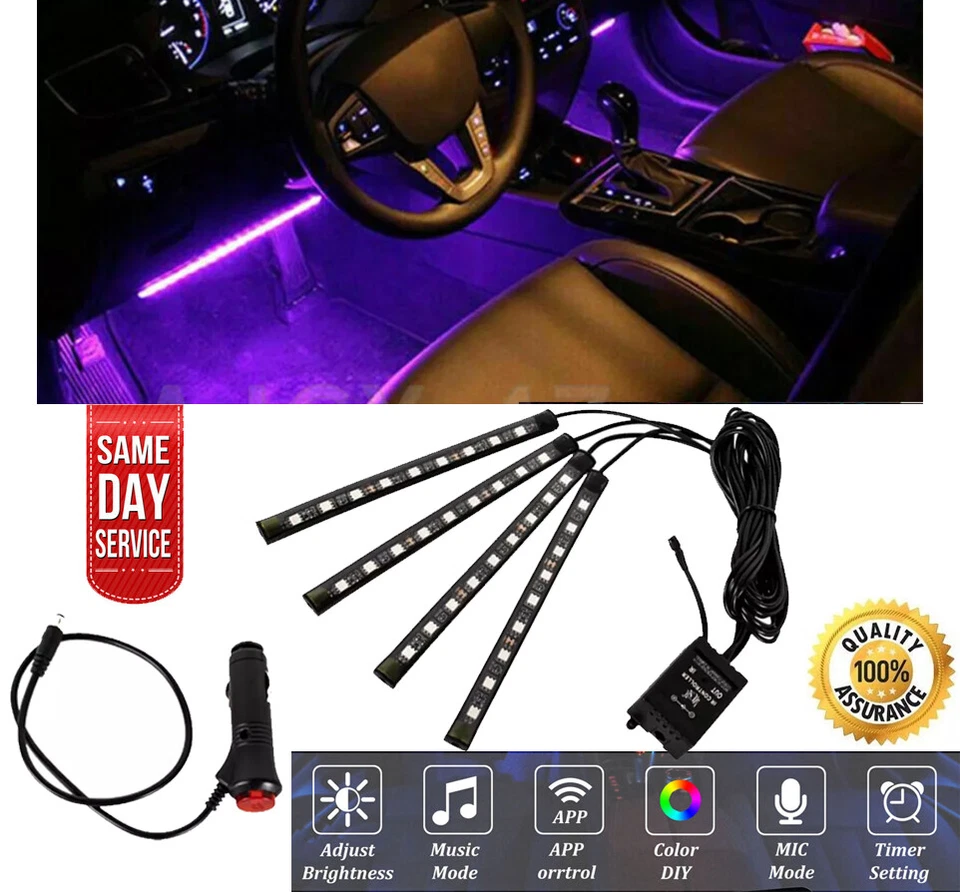 72 LED RGB Car Interior Lights Kit USB/12V Footwell Strip Remote & App - Image 2 of 4