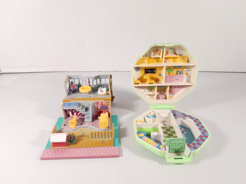2 Vintage Polly Pocket Bluebird Playsets Pet Store Shop House, Pocket School