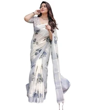 Women's Cotton Linen Printed Saree with Unstitched Blouse Piece