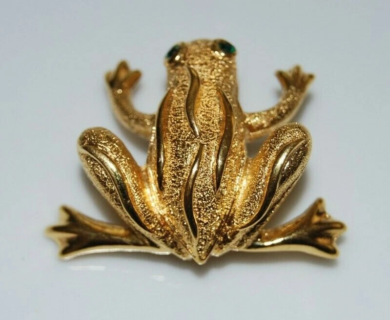 DE COLECCIÓN NAPIER RANA DE METAL EN TONO DORADO CON OJOS DE ESTRÁS VERDE ALFILER O BROCHE Foto 2 de 4