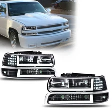 [LED DRL]Fit For 99-02 Chevy Silverado 1500 2500 HD Headlight+Bumper Lamps Black