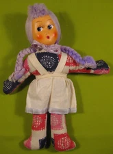 Vintage Celluloid Face 9.5" Heidi Cloth/Rag Doll w/Pigtails & Sawdust-stuffed
