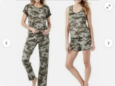 Lucky Brand Woman's Camo 4 Piece Pajama Set size MEDIUM Tee, Tank, Short, Pant