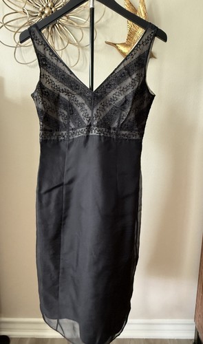 Ann Taylor Silk Beaded Cocktail Dress Black Sheer Overlay Size 2 Y2K