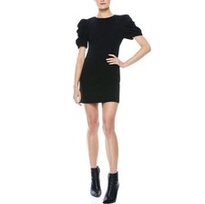 NWT Alice + Olivia Hanita Gathered Puff Sleeve Mini Shift Dress 4 2 Black LBD
