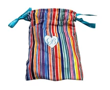 set of 2 Striped Multicolor Drawstring Bag With Blue Ribbon Closure 4.5x5.75"