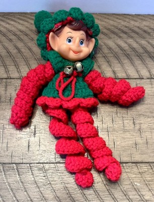 Vintage Pixie Elf Crocheted Red Green MCM Christmas Rubber Face 