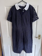 Tory Burch Shift Dress Size LG Navy Blue Lace Lined Peter Pan Collar Knee Length