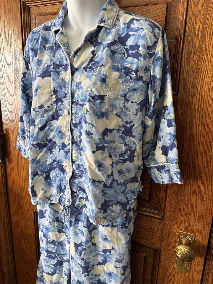 Conjunto de pijama Lauren Ralph Lauren talla M azul floral logotipo LRL 2 piezas pantalón y top pijamas Foto 4 de 4