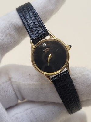 #ad #ad Pulsar Quarzt Women#x27;s Watch Y150 0150 Gold Tone Black Dial Diamond Accent Vtg $49.99