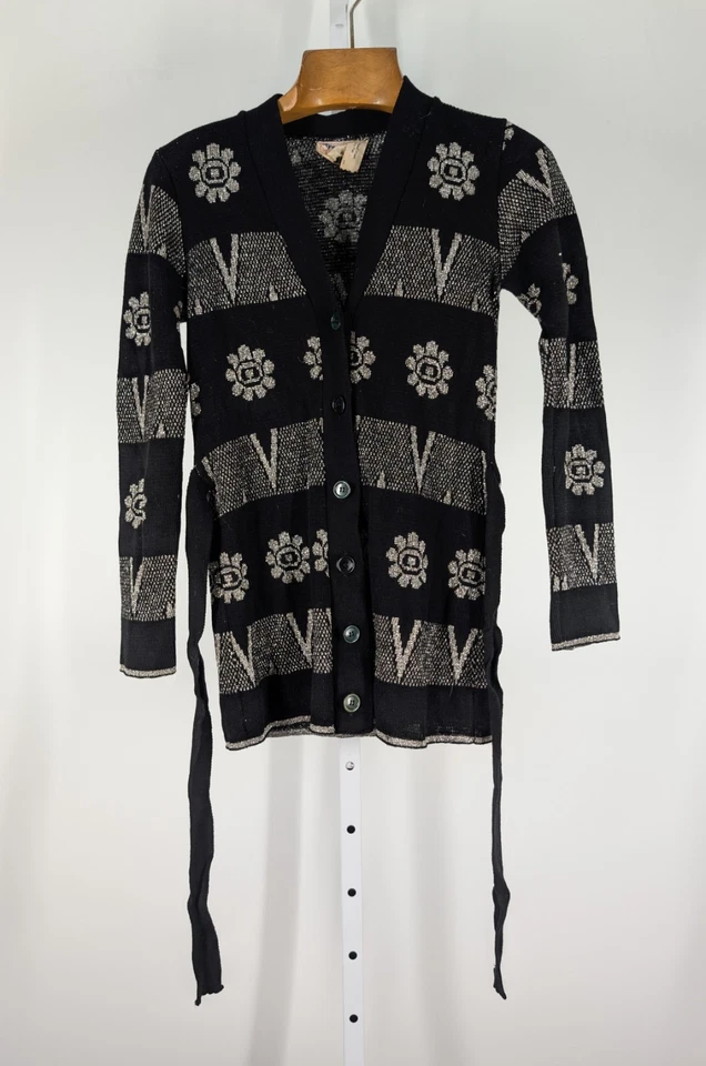Cárdigan Vintage Años 60 70 Francia Plymouth Disco Mod Boho Plata Intarsia Flor Foto 2 de 4