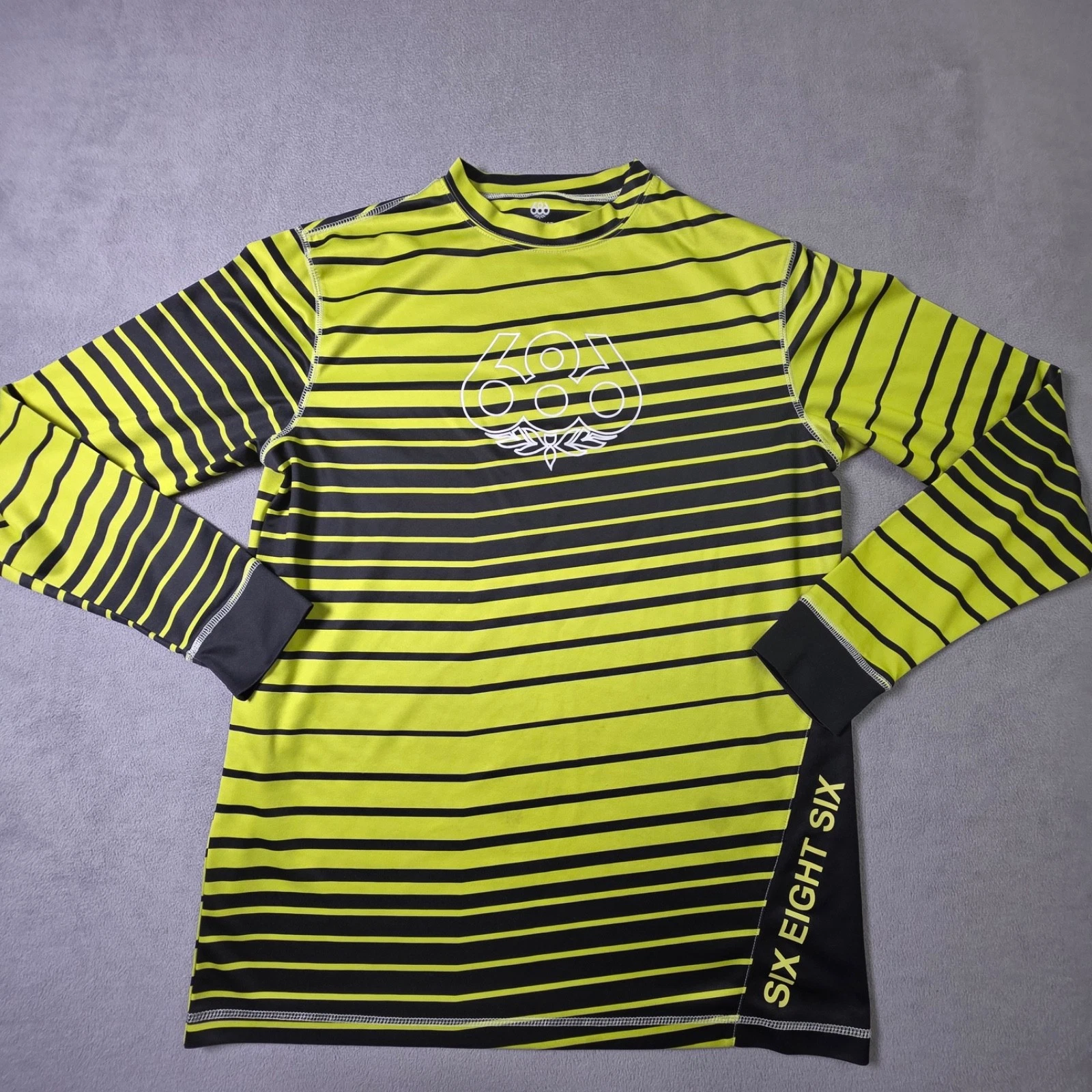 686 Slant Base Layer Top Mens Large Long Sleeve Green Black Striped Performance